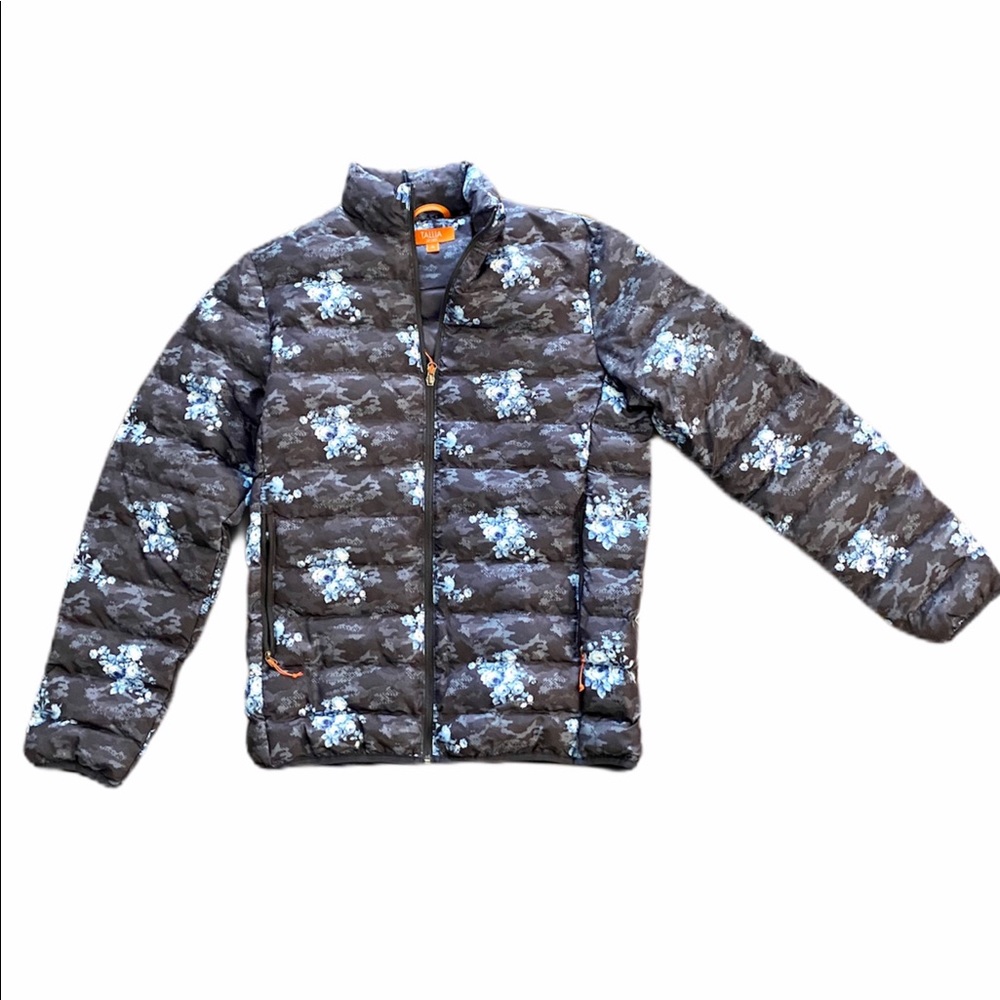 Tallia Sport Puffer Grey Camo Blue floral jacket size medium MSRP $198